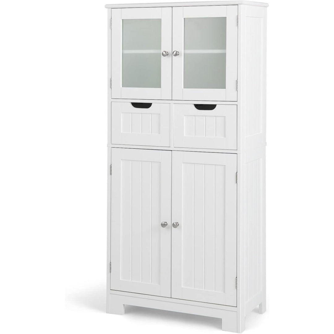 Meuble colonne gris clair, etageres reglables, rangement pour cuisine