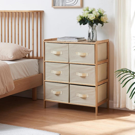 Commode beige rembourre en tissu avec 6 tiroirs
