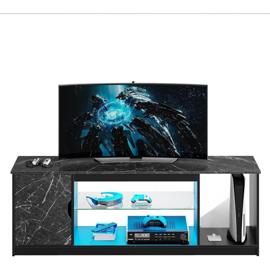Meuble TV design moderne noir avec plateau en verre trempe
