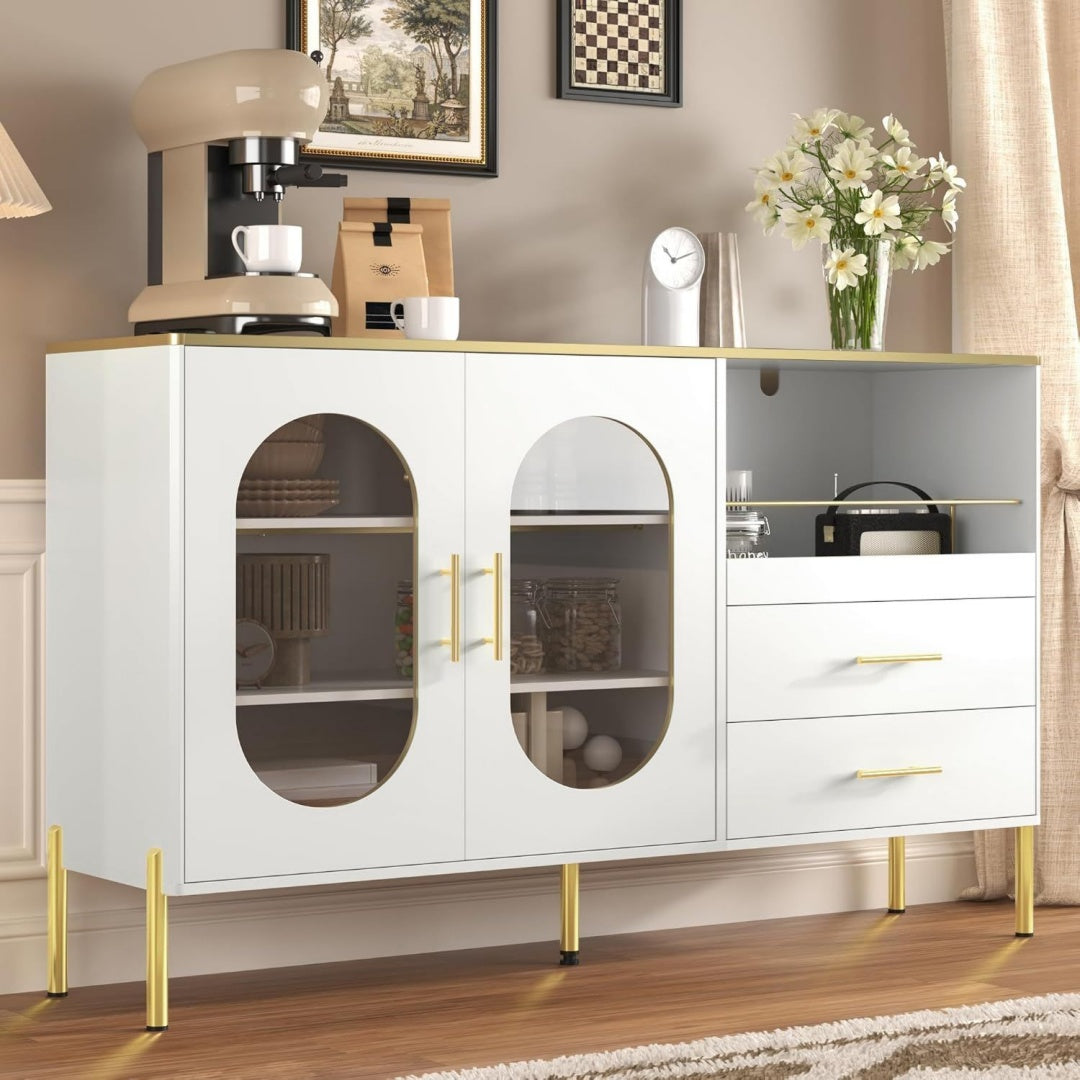 Commode avec deux portes gris clair, conception verre