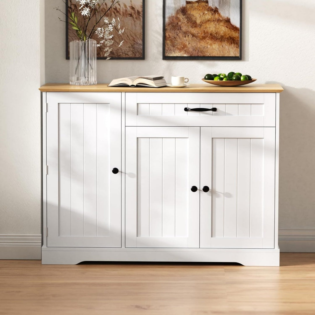 Buffet gris clair, trois portes, MDF, style scandinave