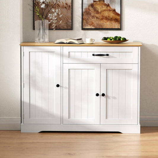 Buffet gris clair, trois portes, MDF, style scandinave