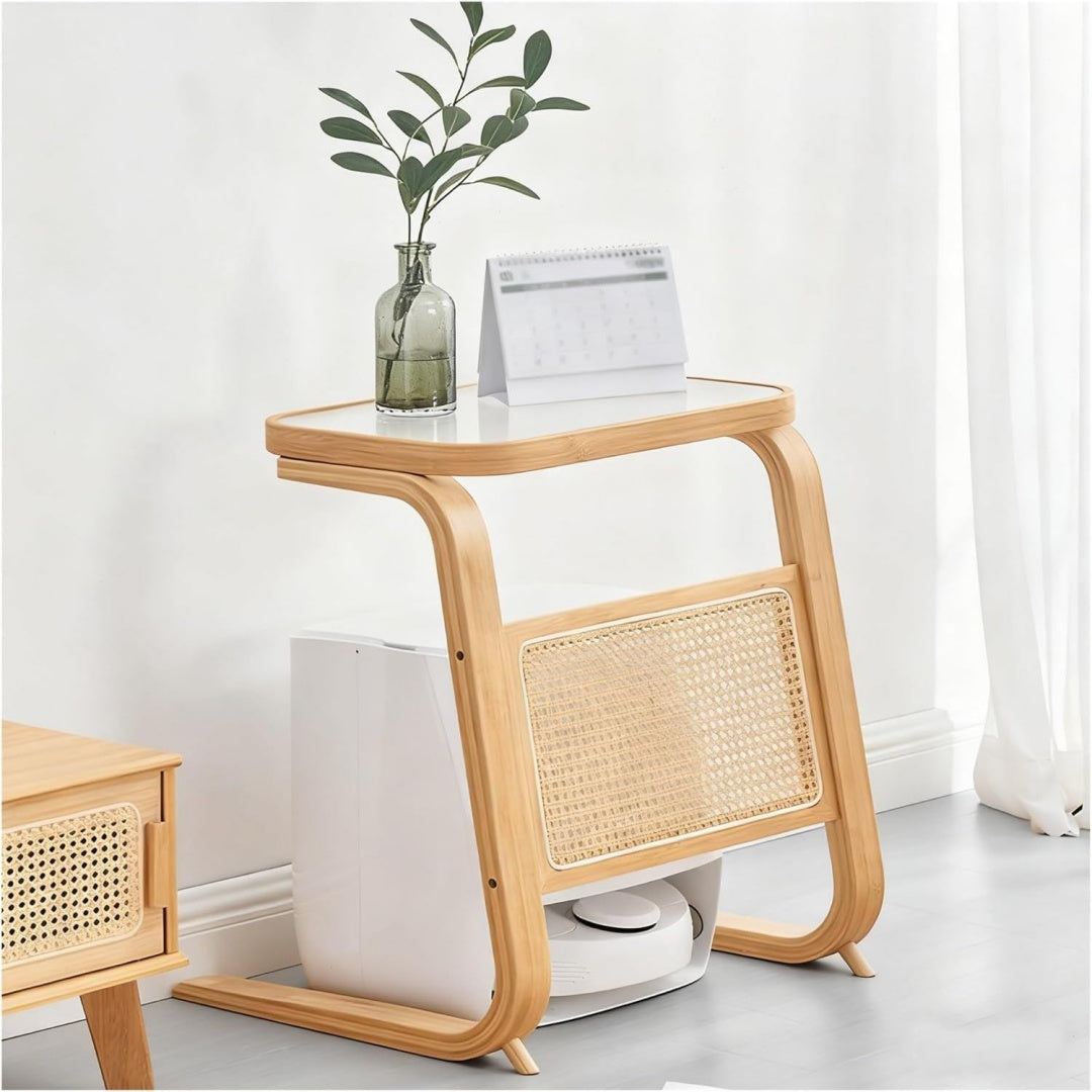 Meuble sur pied moderne en rotin et verre