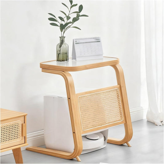 Meuble sur pied moderne en rotin et verre